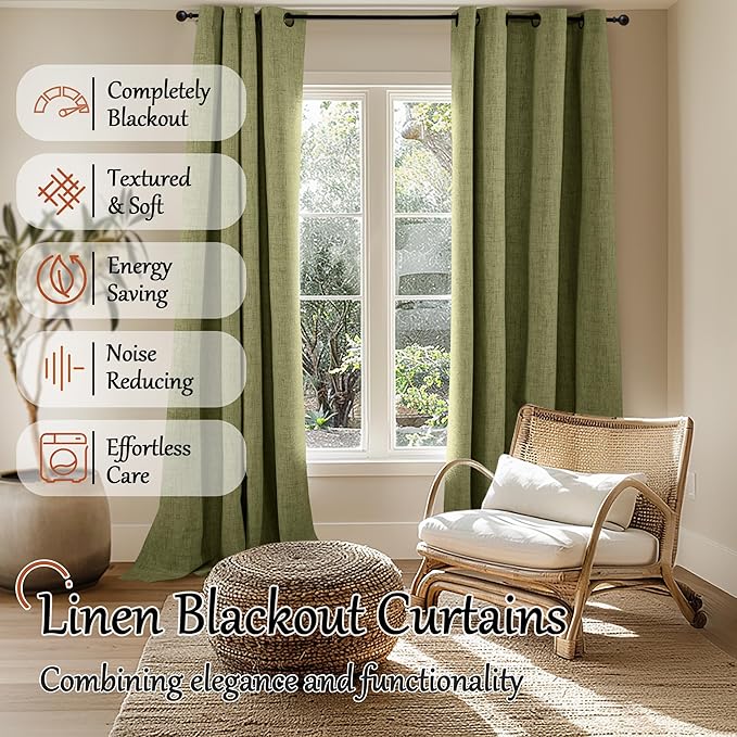 Linen Blackout Curtains 90 Inch Long, Olive Green Extra Long Curtains for Bedroom Living Room Modern Farmhouse, Thermal Light Blocking Faux Linen Energy Save Drapes Each 52x90 Inch 2 Panels