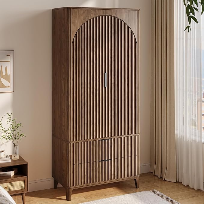 70.1" Arched Wooden Armoire Wardrobe Closet with 2 Doors and 2 Drawers, Fluted Bedroom Armoire with Hanging Rod Shelf, Clothing Storage Cabinet, Wardrobe Armoire Closet Cabinet for Bedroom