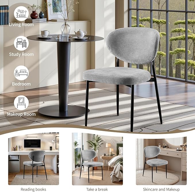 Dining Chairs Set of 4 Modern Chenille Upholstered Kitchen & Dining Room Chairs Wide Seat Filled with 58D Memory Foam Cushion Ergonomic Curved Backrest Vanity Chairs for Restaurant Grey