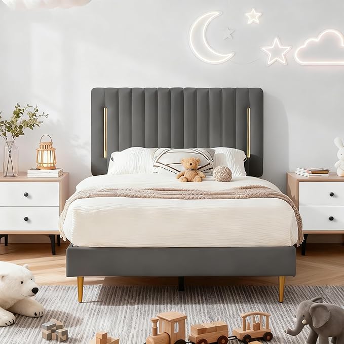 Twin Platform Bed Frame, Velvet Upholstered Bedframe with Vertical Channel Adjustable Headboard, Golden Plating Trim, Mattress Foundation with Wooden Slats, No Box Spring Needed, Grey