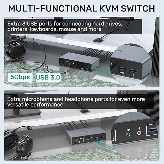 HDMI KVM Switch 2 Monitors 2 Computers, Dual Monitor KVM USB Switcher 4K@60Hz, HDMI Extended/Mirror Display for 2 PC Share 2 Monitors, with 3 USB 3.0 Port, Desktop Controller and 2 USB Cables