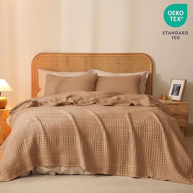 PHF 100% Cotton Waffle Weave Blanket Twin Size for Bed, Soft Lightweight & Breathable, All-Season Comfort, Luxury Aesthetic Woven Bedding for Home Decor, 66"x90", Clay