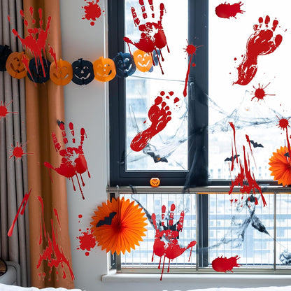 6 Pieces Bloody Handprint Window Clings – Horror PVC Stickers with Blood Splatter, Handprints, and Footprints for Scary Halloween Party Decorations, Haunted House, and Spooky Indoor Outdoor Décor