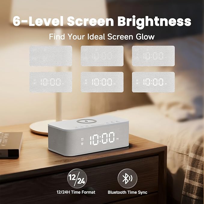 Digital Alarm Clock White Noise, Loud Digital Alarm Clocks Bedrooms, Alarm Clock Speaker Wireless Charger AUX USB Bluetooth Speaker 12/24H Dual Alarm Snooze Adjustable Brightness, White