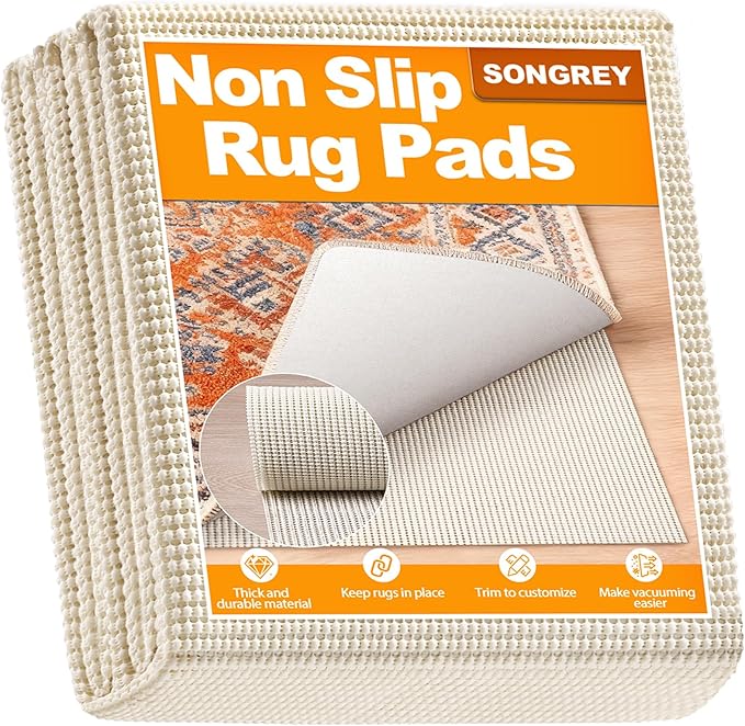 Songrey Non-Slip Rug Pad 5x7 FT, Extra Thick Carpet Pads for Hard Surfaces, Prevents Sliding and Secures Rugs, Provides Floor Protection with Comfort Cushioning