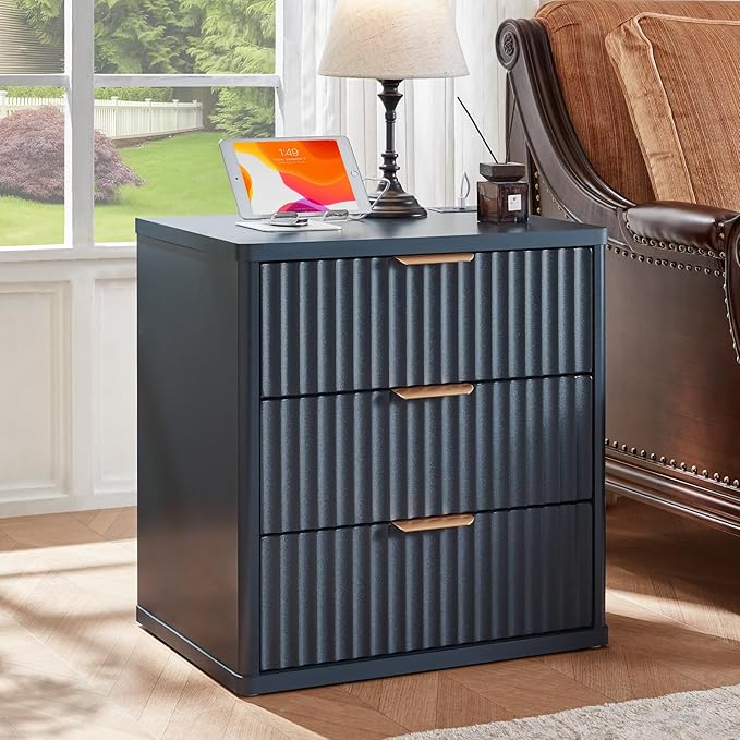 LEYAOYAO 23" Wide Fluted Farmhouse Night Stand Set of 2 with Charging Station, 3 Drawers Large End Table w/Metal Handle,Nightstand Bedside Table,Wood Dresser for Bedroom, Closet,Blue