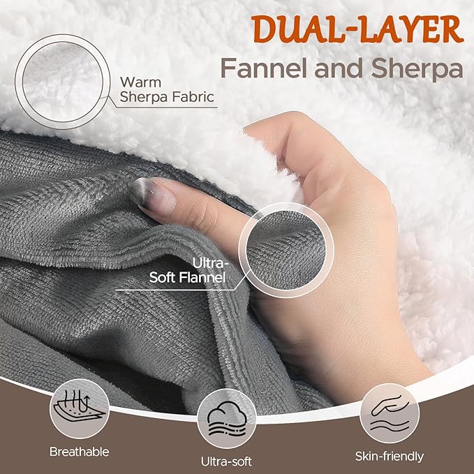 Heated Blanket 72"x84" Full Size, Dual-Sided with Soft Flannel & Sherpa Fabric, Electric Blanket with 9 Heating Levels & 2-10 Hours Auto Off, Machine Washable, Light Gray
