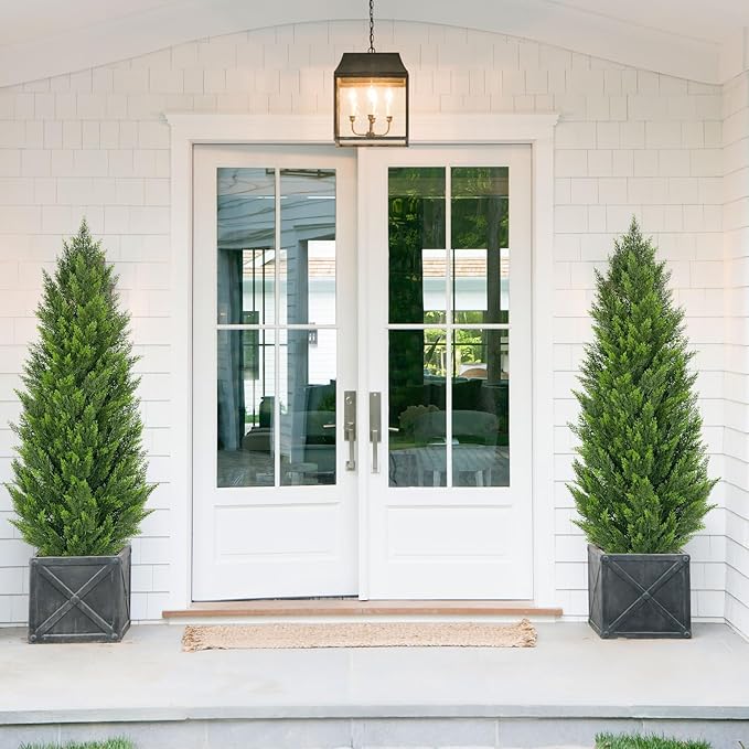 Briful 2PCS 5ft Artificial Cedar Topiary Trees in White Planter – Tall Faux Evergreen Potted Plants, Indoor Outdoor Fake Shrubs, Lifelike Fake Trees for Home, Office, Patio, Porch, Entryway