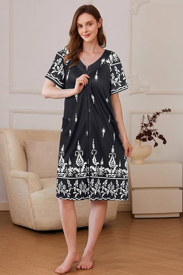 Ekouaer Women Robe Zipper Front Mumu Duster Robes Zip Up Housecoat Soft Sleepwear with Pockets S-3XL