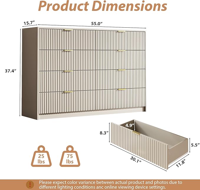 Beige Dresser for Bedroom, 8 Drawer Double Dresser, Modern Chest of Drawers for Bedroom, Living Room, Entryway and Closet, 55" L x 15.7" D x 37.4" H