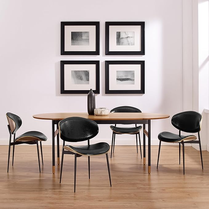 Art Leon Dining Chairs Set of 4, Walnut Bentwood, Mid Century Modern Chair, Black Faux Leather Kitchen Dining Room Chairs with Metal Legs, Accent Chairs for Bedroom