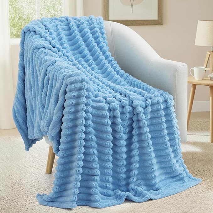 decorUhome Christmas Soft Fleece Blue Blanket Queen Size for Bed, Cozy Fluffy Plush Flannel Large Striped Throws for Couch Sofa, Lightweight Decorative Fuzzy Blanket for Woman, 90x90 Inches