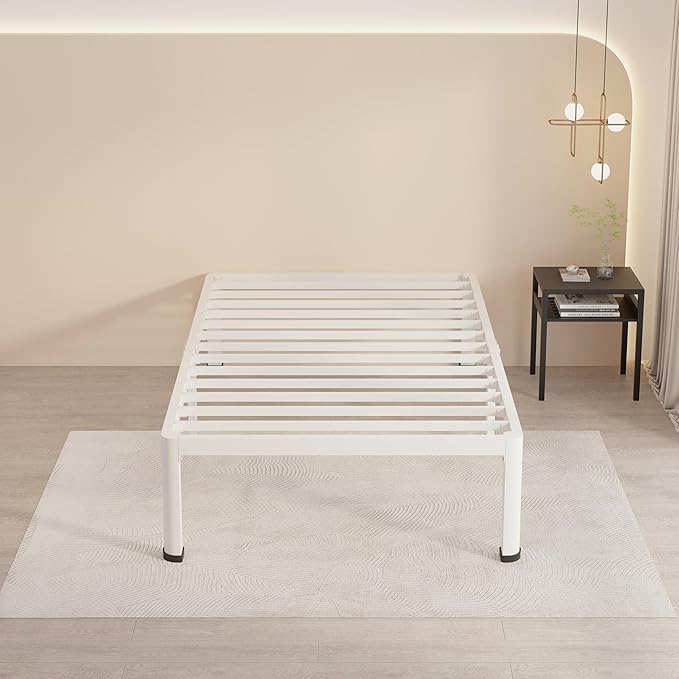 MAF 14 Inch Twin Metal Platform Bed Frame White with Round Corner Legs, 3000 LBS Heavy Duty Steel Slats Support, Noise Free, No Box Spring Needed, Easy Assembly