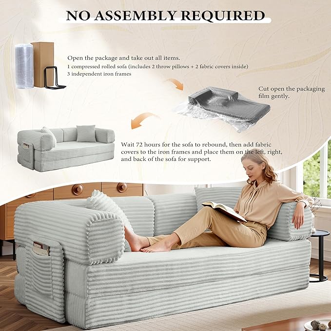 Boneless Couch Folding Couches for Living Room Sofa, Futon Sofa Bed with Sleeper Sofa, Futon Couch with Fixed-Shape Oversized Corduroy Upholstered (Light Grey, 81 Inches)