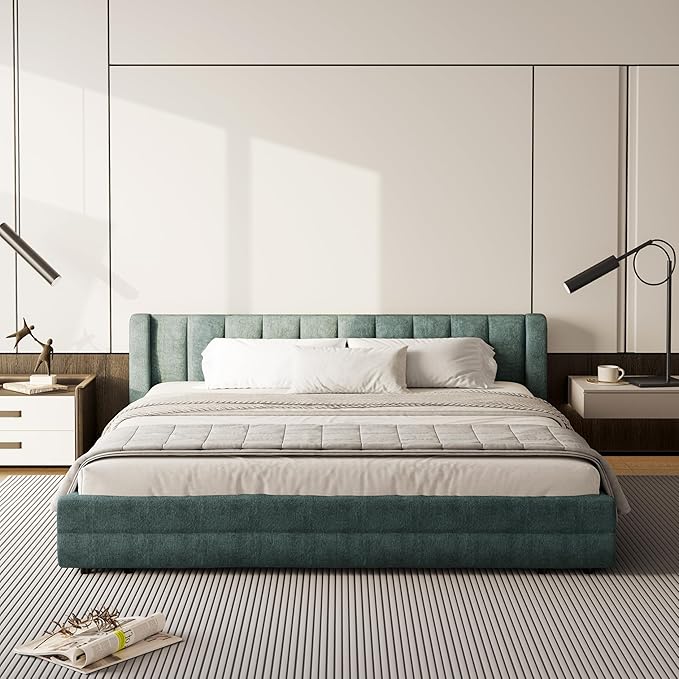DEINPPA King Size Bed Frame with 4 Storage Drawers and Cloud Soft Headboard, Chenille Upholstered Grounded Wood Base Bed Frame, No Box Spring Needed-Blue+Green