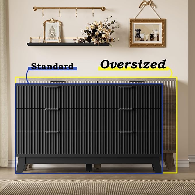 Fluted 6 Drawer Dresser, 47.2" Wide Modern Boho Chest of Drawers, Wooden Storage Dresser TV Stand for Bedroom, Living Room, Closet, Hallway, Curved Profile Design