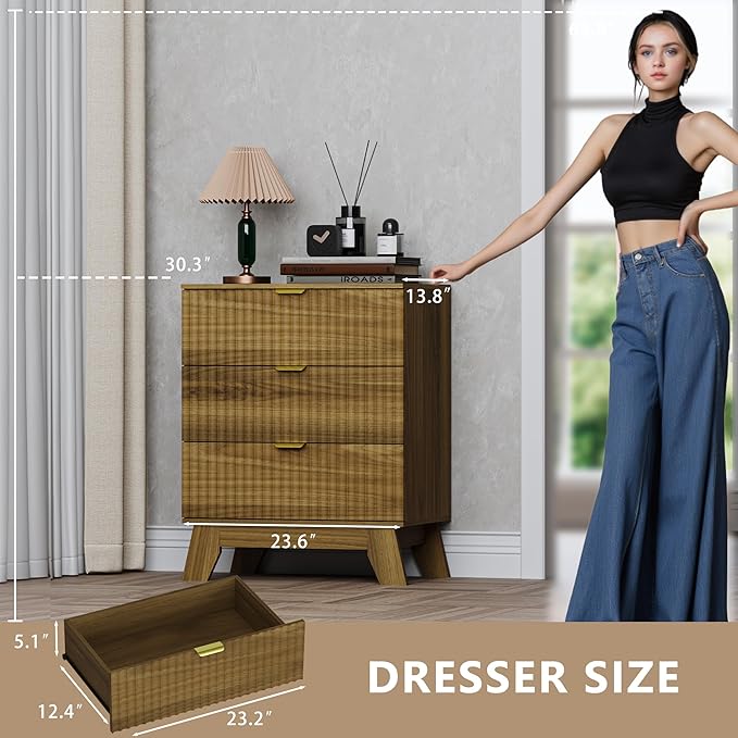 Fluted 3 Drawer Dresser, 30.3" Tall Compact Modern Boho Chest of Drawers, Wooden Storage Cabinet for Bedroom, Living Room, Entryway, Curved Profile Design