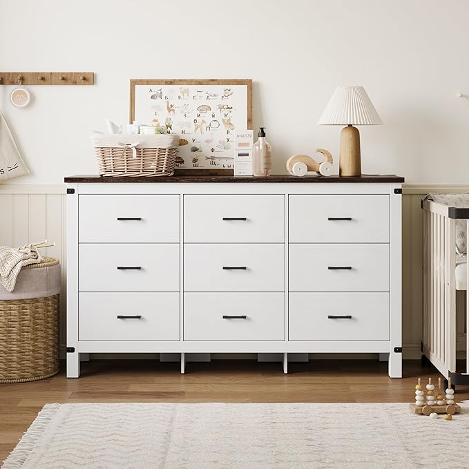 LINSY HOME Dresser for Bedroom with 9 Drawers, 59” Wide Chest with Deep Drawer, Modern Farmhouse Dresser TV Stand with Metal Handles, Wood Storage Cabinet for Closet, Living Room, Hallway, Off White