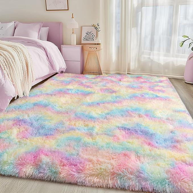 Fluffy Rainbow Rug for Bedroom Girls, 6x9 Cute Colorful Shag Rug for Kids Room, Soft Fuzzy Shaggy Rugs for Living Room Home Decor