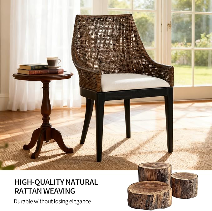 DUHOME Natural Cane Mesh Rattan Accent Chair, Tropical Coastal Woven Back Armchair with Beige Fabric Cushion & Black Tapered Wood Legs, Ergonomic Comfort for Living Room Dining Room Bedroom