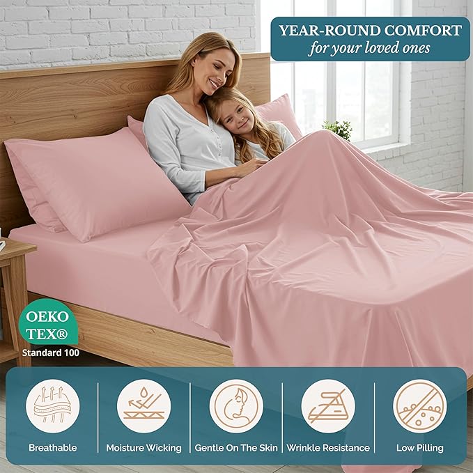 Casa Platino Bedding Sheets and Pillowcases, Pre-Washed Ultra Soft & Breathable Full Bed Sheets Set, Hydro-Brushed Microfiber Cooling Full Size Sheet Set, Deep Pockets - Sepia Rose