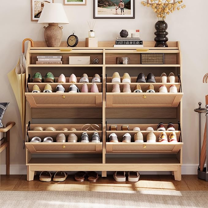 LINSY Shoe Storage Cabinet, Rattan Shoe Cabinet Wood Shoes Rack Cabinets with Sliding Tambour Door, Large Flip Drawer Shoe Cabinet Boho Hidden Shoe Storage for Entryway, Front Door, Hallway, Oak