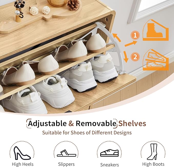 Turtle&Myrtle Modern Shoe Storage Cabinet for Entryway, Narrow Shoe Organizer Cabinet, 2-Tier Flip Down Drawers, Small Freestanding Hidden Wood Slim Shoe Rack,Round Fluted Pattern (Natural)
