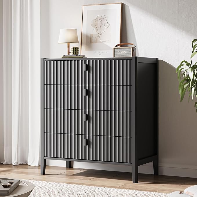 4 Drawer Dresser, Modern Chest of Drawers for Bedroom, Wood Fluted Dresser Organizer with Deep Drawers for Clothes, Nightstand for Bedroom, Hallway, Living Room, Entryway, Black