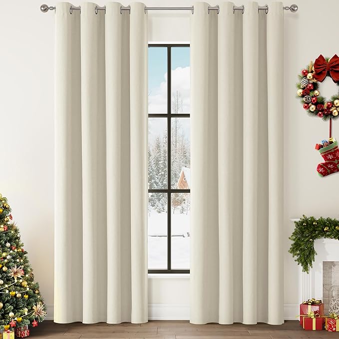 ChrisDowa 100% Blackout Birch Solid Curtains 90 Inches Long 2 Panels for Bedroom Living Room,Farmhouse Room Darkening Thermal Insulated Soundproof Grommet Top Window Treatment Drapes,52x90