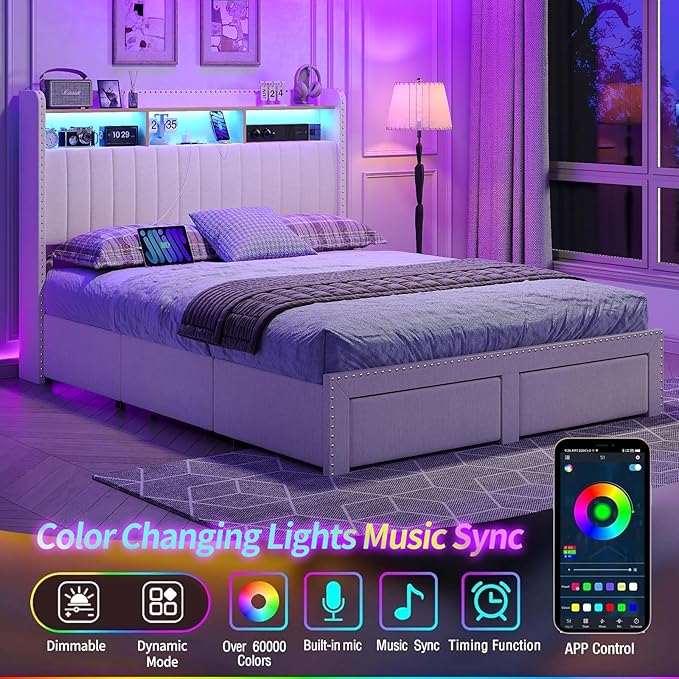 Queen Size Bed Frame with LED Light and Charging Station, Upholstered Bed Frame with 4 Drawers and 2-Tier Storage Headboard, Noise Free, Easy Assembly, Wooden Slats Support, No Box Spring Needed,White