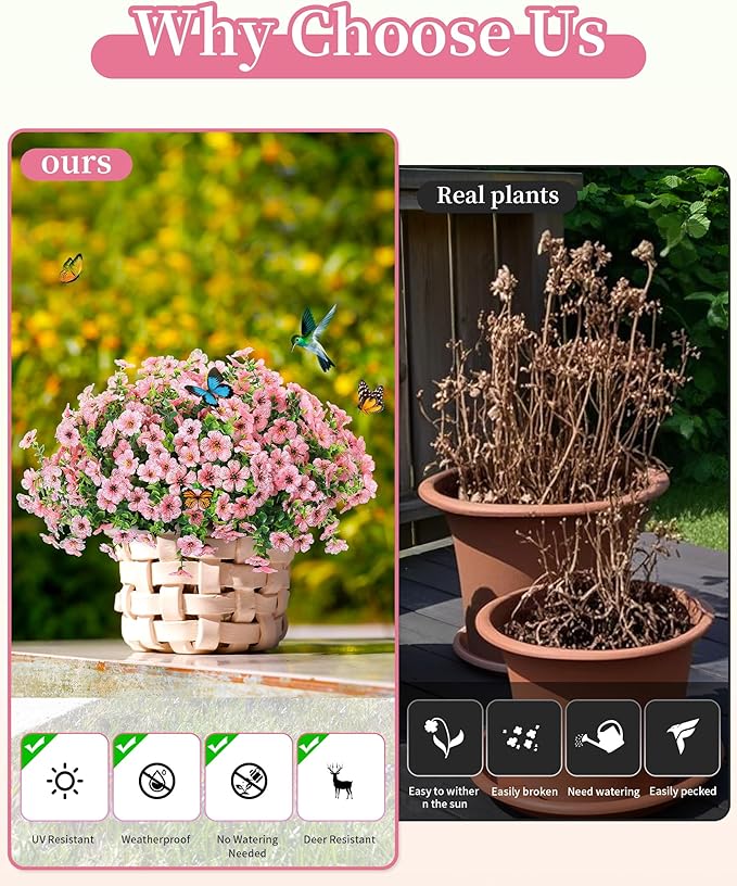 Artificial Flowers for Outdoors Faux Outside Plants Spring Summer Decorations 16 Bundles UV Resistant Silk Daisy Fake Eucalyptus Realistic Used for Yard,Porch,Patio,Window Planter Box Decor