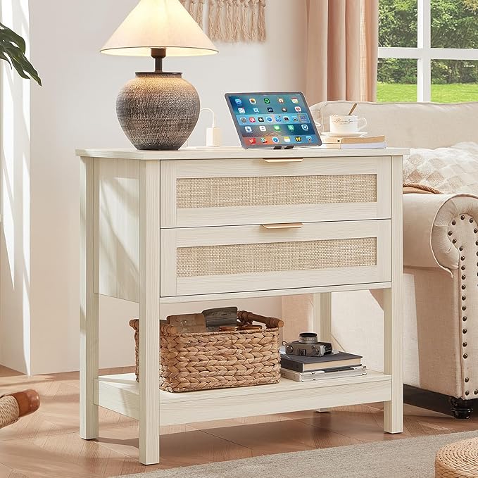 LEYAOYAO 31.5" Wide Rattan Night Stand with Charger Station, Oversized Large Boho Nightstand with 2 Drawer, Grey White Bed Side End Tables, Tall Bedside Table for Bedroom Living Room, Hallway