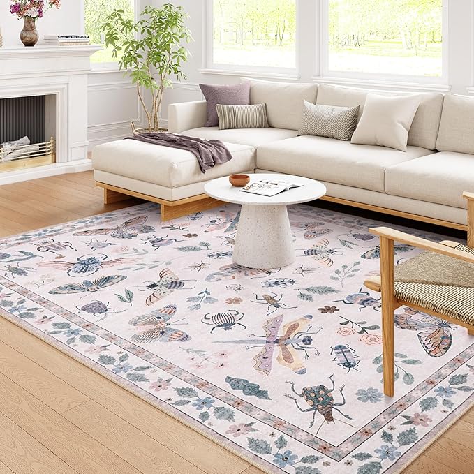 Lahome Insect Print Washable Rugs for Living Room, Soft 6x9 Pink Rug for Bedroom Ultra-Thin Non Slip, Stain Resistant Modern Easy Clean Large Carpet for Dining Room Nursery Classroom(6'x9',Pink)