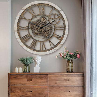 HOIBAI Wall Clock, 24 Inch Moving Gears Clock Large Wall Clock for Living Room Decor Rustic Vintage Industrial Steampunk Farmhouse Big Clock for Home Kitchen Bedroom Office