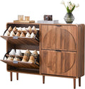 Turtle&Myrtle Narrow Fluted Shoe Cabinet for Entryway, Slim Hidden Shoe Rack, Wooden Freestanding Shoe Storage Organizer with 4 Flip Drawers, Hallway, Living Room, Foyer (Walnut)