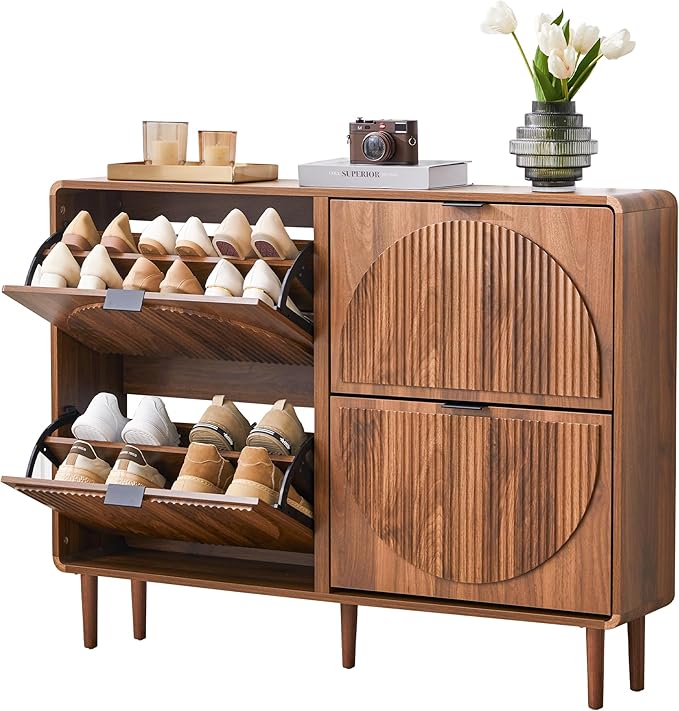 Turtle&Myrtle Narrow Fluted Shoe Cabinet for Entryway, Slim Hidden Shoe Rack, Wooden Freestanding Shoe Storage Organizer with 4 Flip Drawers, Hallway, Living Room, Foyer (Walnut)