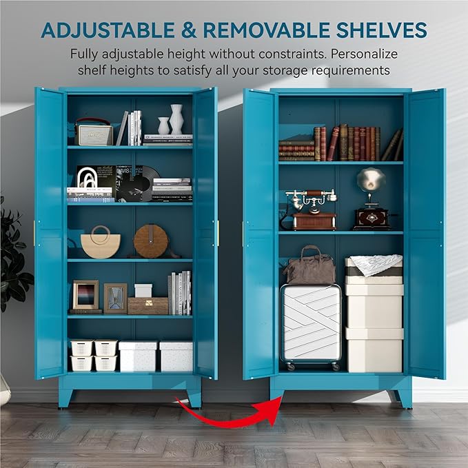 Farmhouse Pantry Cabinet with Barn Doors, 71" H x 31.5" W, 5-Tier Metal Storage Cabinet with 4 Adjustable Shelves for Kitchen Garage Dining Room,Blue