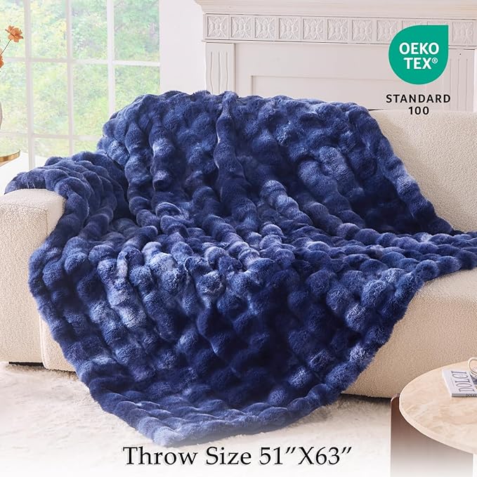 BENVWE Fluffy Faux Fur Throw Blanket for Couch, Soft Plush Thick Cozy Fuzzy Luxury Minky Bubble Blanket for Home Living Room Decor Gift for Women, Tie-dye Blue, 51" x 63", 1100GSM