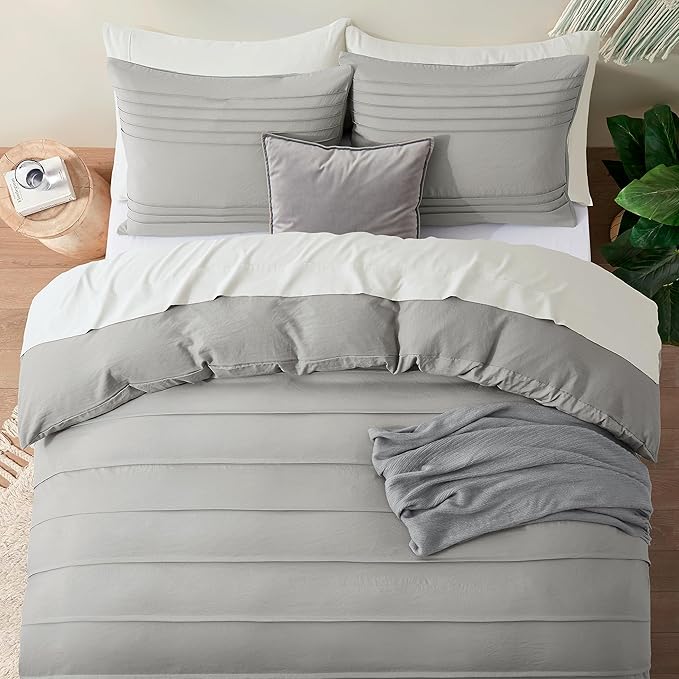 Oli Anderson Light Grey Duvet Cover Size - Pleated Queen Duvet Cover, 3PCS Soft and Breathable Textured Bedding Set with Zipper Closure(Light Grey,90"x90")