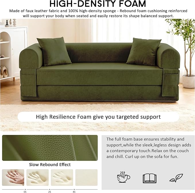 78.5" Convertible Sleeper Sofa Bed, Faux Leather Folding Floor Sofa with Pullout Bed&2 Pillows, No Assembly Modern Boneless Couch Compression Sofa in Box with Storage Pocket for Living Room, Green