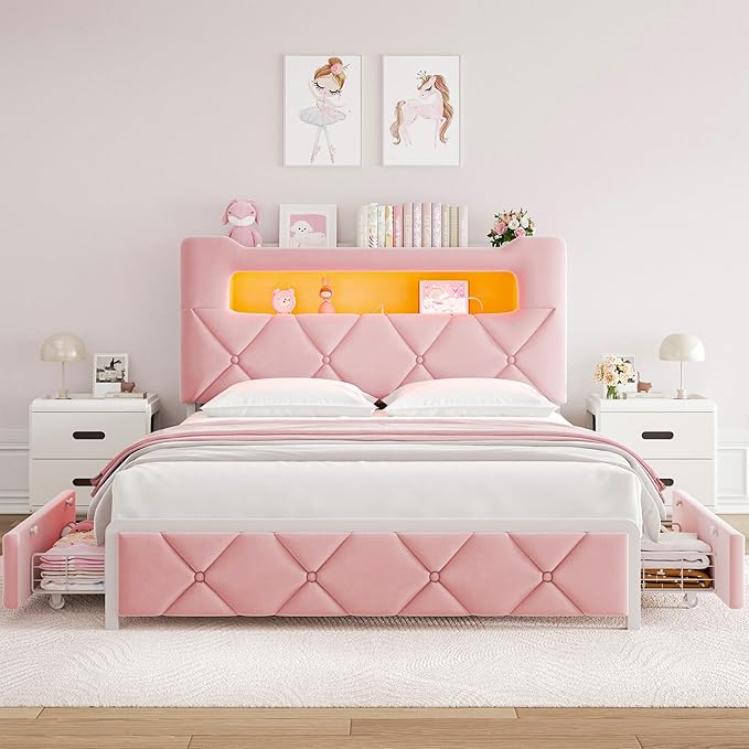 Full Upholstered LED Bed Frame with 2 Storage Drawers and 2-Tier Storage Headboard, Velvet Princess Platform Bed with Charging Station & Bookcase, Heavy Duty Metal Support, No Box Spring Needed, Pink