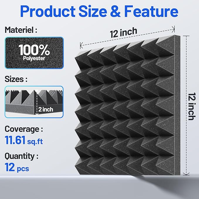 12 Pack Pyramid Sound Proof Foam Panels for Walls with Updated Self-Adhesive 2"X12"X12" High Density Acoustic Panels Sound Absorbing Fast-Expanding Soundproof Wall Panels for Gaming Studio Decor-Black