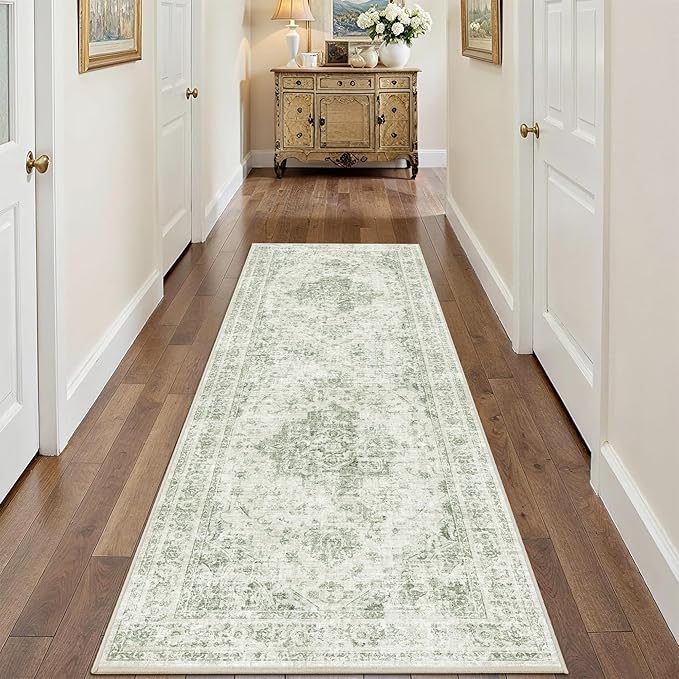 2x6 Hallway Washable Runner Rug Vintage Non-Slip Soft Kitchen Mat Boho Medallion Distressed Farmhouse Carpet Floral Low Pile Indoor Throw Rug for Entryway Bathroom Living Room Bedroom, Green