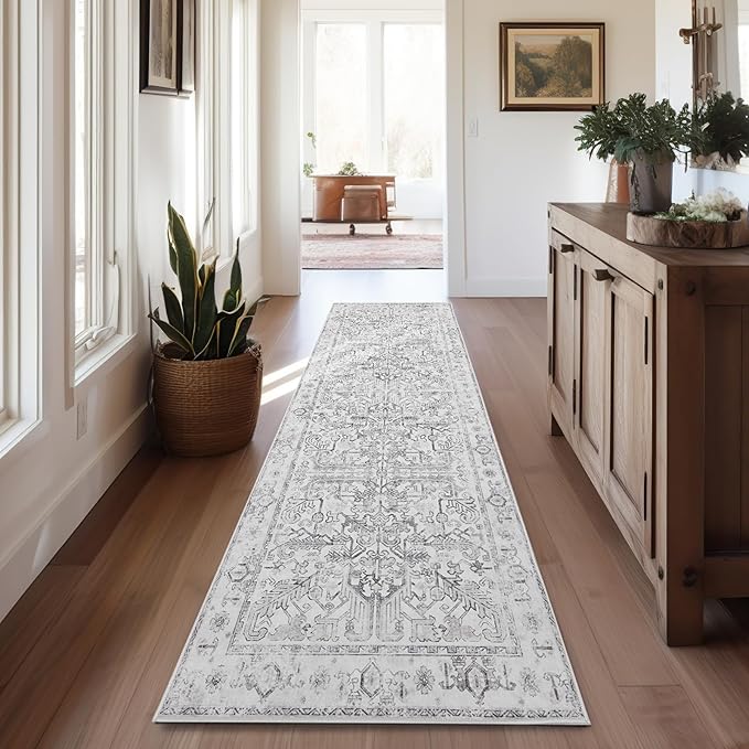 jinchan Lima Runner Rug 2x12 Long Hallway Runner Rug Thin Vintage Washable Kitchen Carpet with Rubber Backing Floral Print Floor Cover Indoor Laundry Room Bedroom Stairway (2x12ft, Grey)
