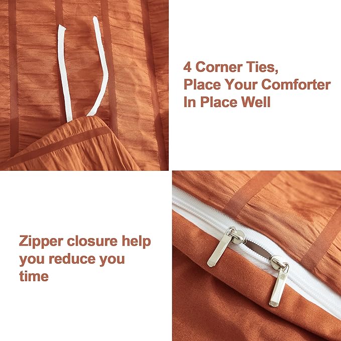 AveLom Terracotta Seersucker Duvet Cover Set King Size (104 x 90 inches), 3 Pieces (1 Duvet Cover + 2 Pillow Cases), Ultra Soft Washed Microfiber, Textured Duvet Cover with Zipper Closure, Corner Ties