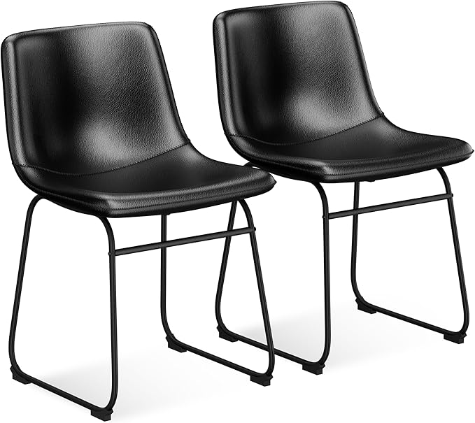 Dining Chairs Set of 2, 18 Inch Faux Leather Kitchen Dining Chairs with Back, Modern Armless Dining Room Chair with Metal Legs for Home Bistro Coffee Shops (Black)