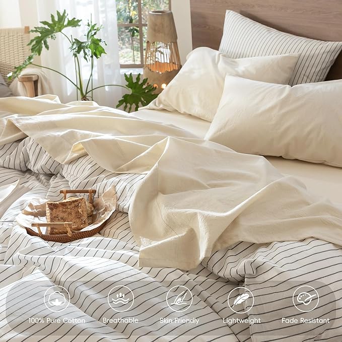 MooMee Bedding Sheet Set 100% Washed Cotton Linen Like Textured Breathable Durable Soft Comfy (Heathered Almond Milk Grey, Queen)