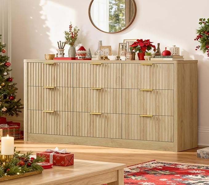 TEENFON Fluted Dresser for Bedroom with 9 Drawers, 63" Wide Modern Chest of Drawers with Metal Handle & Curved Profile Design, Wood Closet Clothes Storage Organizer for Living Room, Hallway, Natural