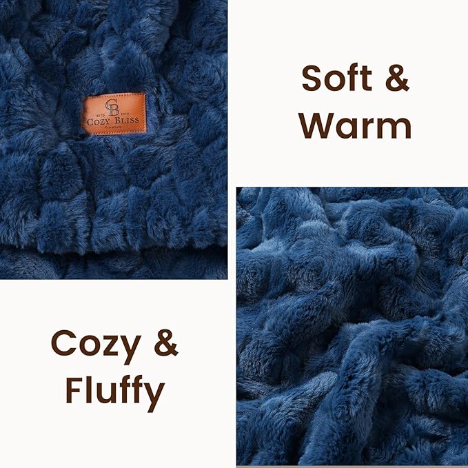Cozy Bliss Faux Fur Throw Blanket for Couch, Fuzzy Soft Plush Thick Warm Fluffy Reversible Wave Textured Blanket for Sofa Bedroom Living Room, 55 * 70 Inches Navy Blue
