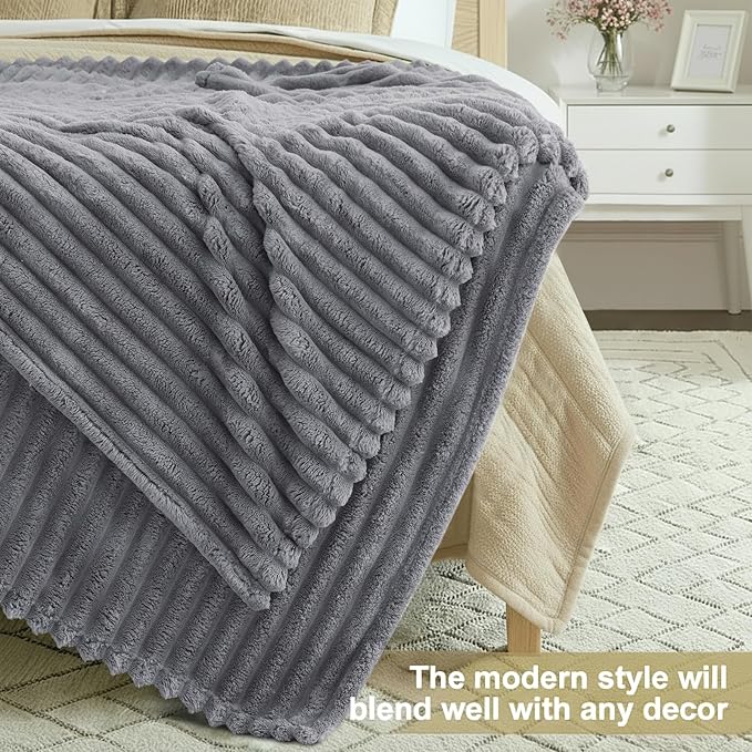 decorUhome Christmas Soft Fleece Grey Throw Blanket for Couch, Cozy Fluffy Plush Flannel Striped Blanket for Sofa Bed, Lightweight Decorative Ribbed Fuzzy Blanket for Woman, 50x60 Inches